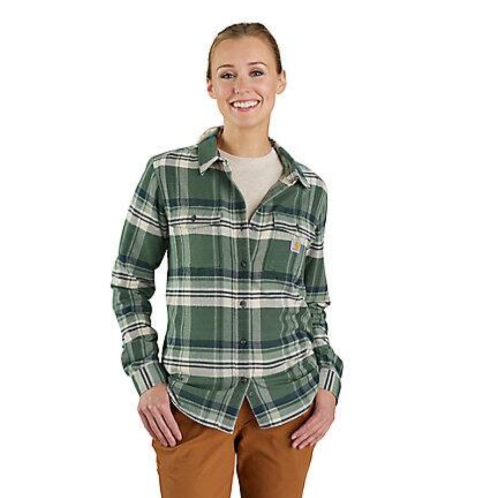 NEW Pink & Brown Carhartt Women's Relaxed Fit Long-Sleeve Flannel Shirt| Medium